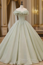 Green Long Prom Dresses, Green Tulle Formal Sweet 16 Dresses with Beading