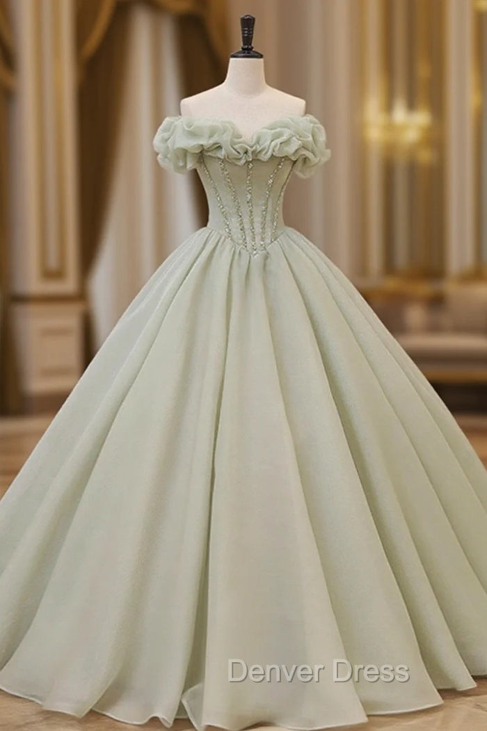 Green Long Prom Dresses, Green Tulle Formal Sweet 16 Dresses with Beading