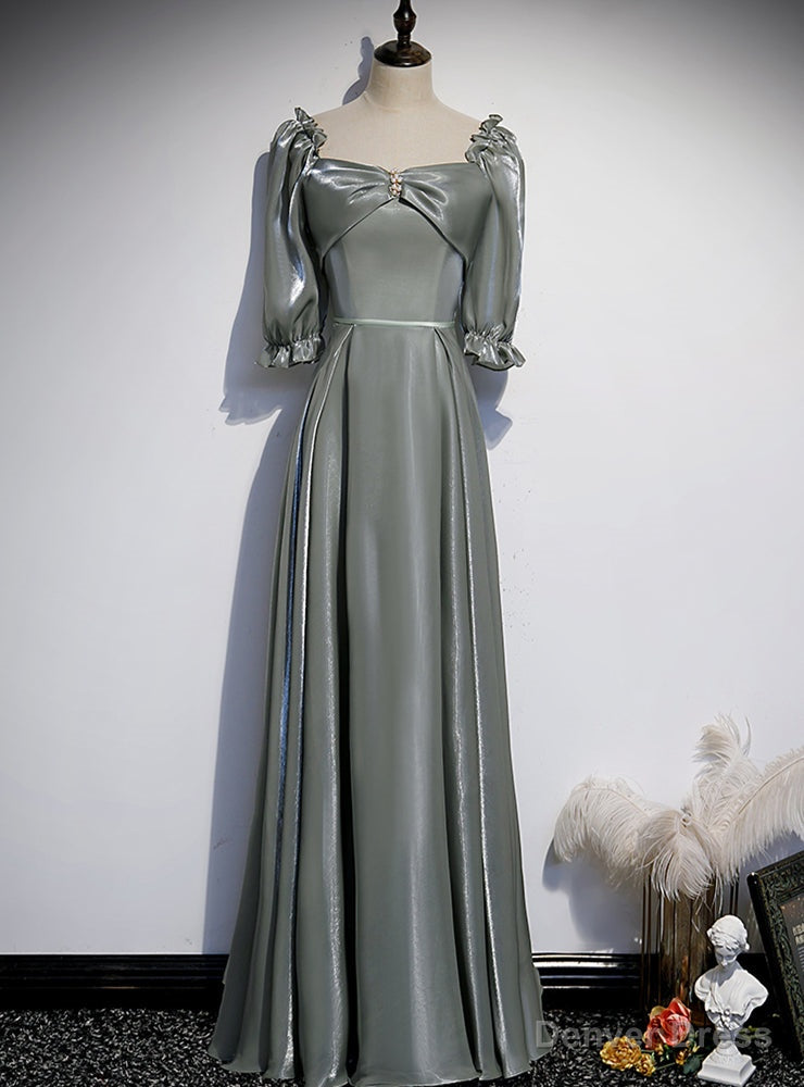 Green Long Sleeve Square Pearls Prom Dress Main image