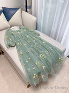 Green Long Sleeves Floral Tulle A-Line Prom Dress, Green Evening Dress