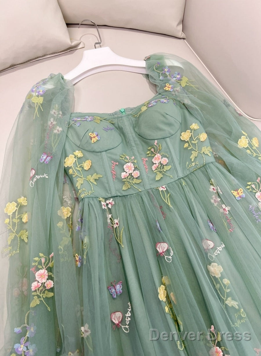 Green Long Sleeves Floral Tulle A-Line Prom Dress, Green Evening Dress Main image