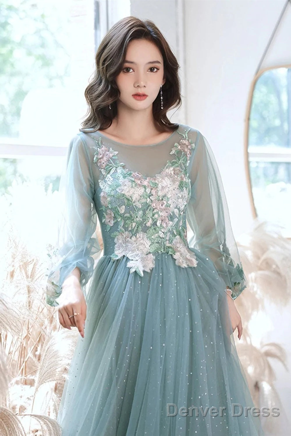 Green Long Sleeves With Lace Flowers Prom Dress, A-Line Tulle Formal Dress Secondary image