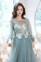 Green Long Sleeves With Lace Flowers Prom Dress, A-Line Tulle Formal Dress