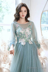 Green Long Sleeves With Lace Flowers Prom Dress, A-Line Tulle Formal Dress