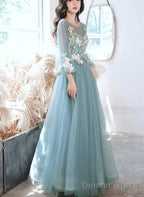 Green Long Sleeves With Lace Flowers Prom Dress, A-Line Tulle Formal Dress