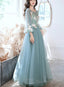 Green Long Sleeves With Lace Flowers Prom Dress, A-Line Tulle Formal Dress