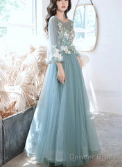 Green Long Sleeves With Lace Flowers Prom Dress, A-Line Tulle Formal Dress