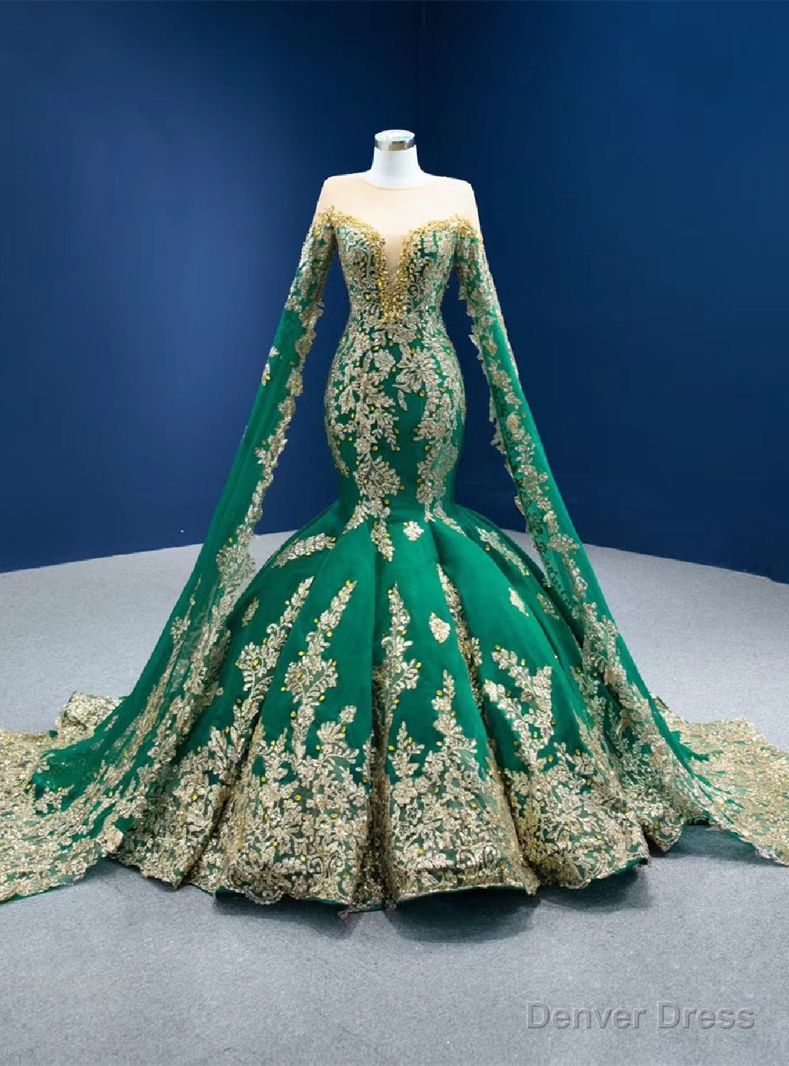 Green Mermaid Gold Sequins Appliques Prom Dress Main image