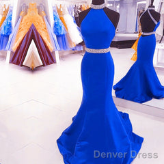 Green Mermaid Halter Prom Dresses Satin Open Back