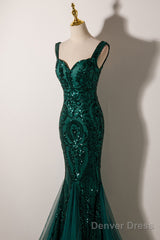 Green Mermaid Long Straps Sequins Long Prom Dress, Green Mermaid Evening Dress