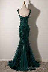 Green Mermaid Long Straps Sequins Long Prom Dress, Green Mermaid Evening Dress