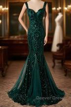 Green Mermaid Long Straps Sequins Long Prom Dresses, Green Mermaid Evening Dresses