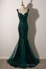 Green Mermaid Long Straps Sequins Long Prom Dress, Green Mermaid Evening Dress