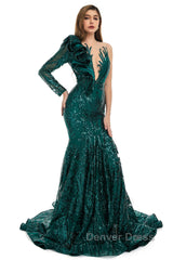 Orange Mermaid One Sleeve Prom Dresses Sequined Lace Jewel Ruffles Evening Party Dresses with Appliques