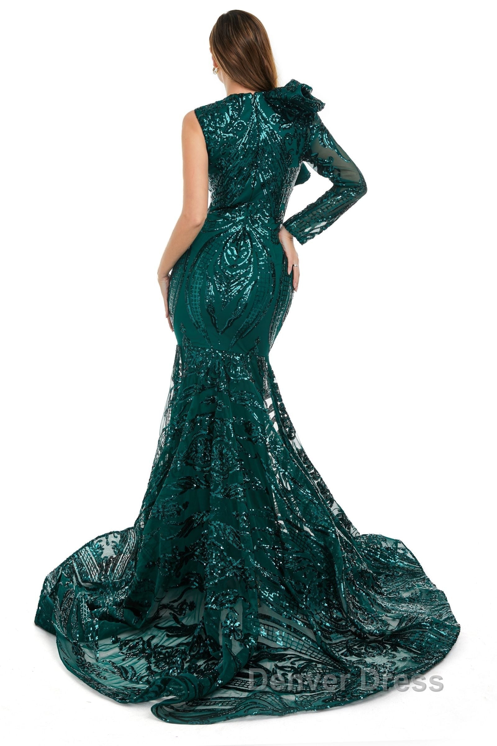 Orange Mermaid One Sleeve Prom Dress Sequined Lace Jewel Ruffles Prom Dresses with Appliques