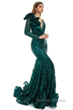 Orange Mermaid One Sleeve Prom Dress Sequined Lace Jewel Ruffles Prom Dresses with Appliques