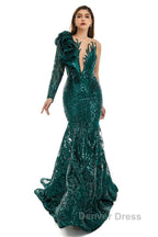 Orange Mermaid One Sleeve Prom Dress Sequined Lace Jewel Ruffles Prom Dresses with Appliques