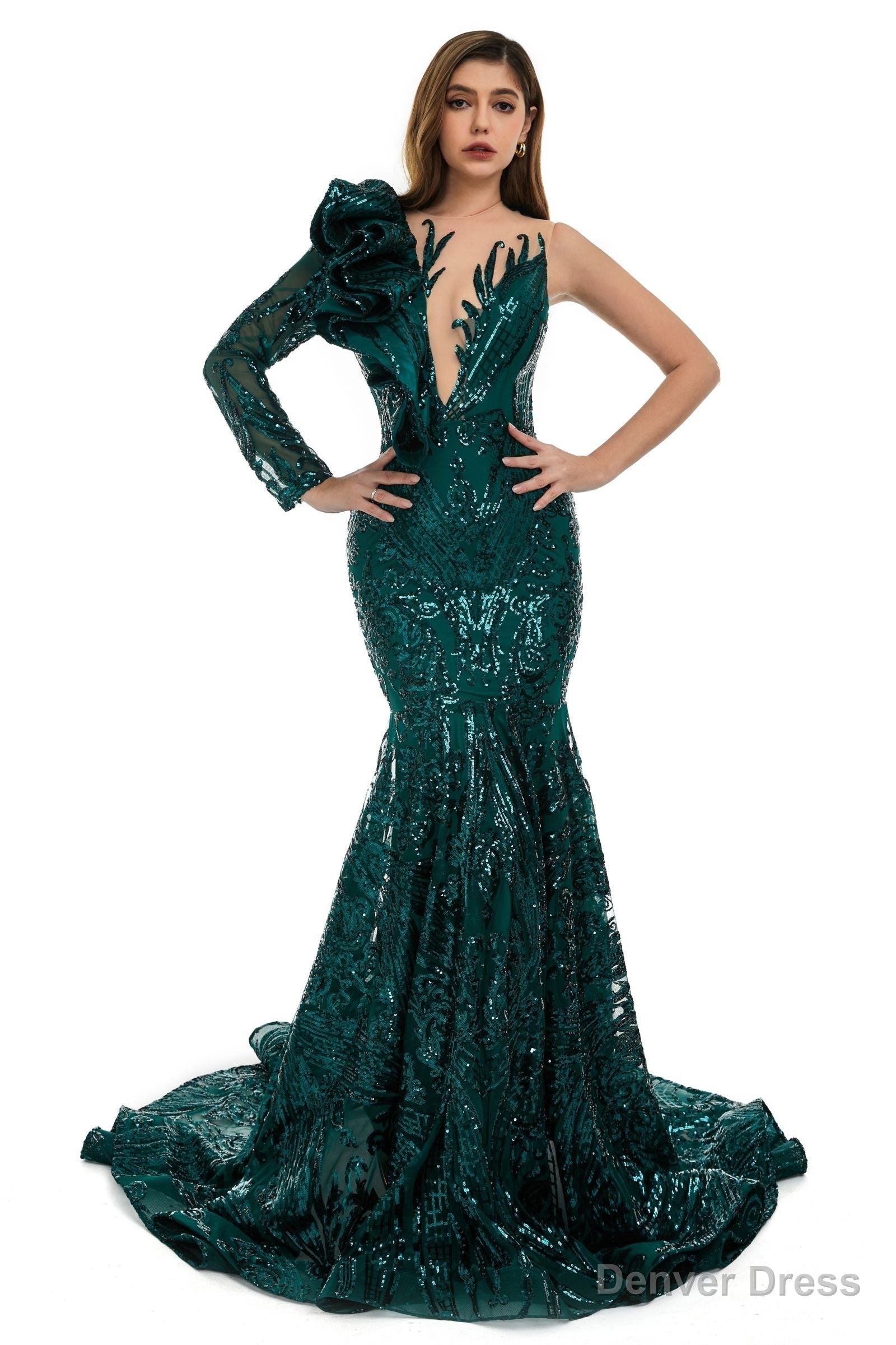 Navy Blue Mermaid One Sleeve Prom Dresses Sequined Lace Jewel Ruffles Evening Party Dress with Appliques