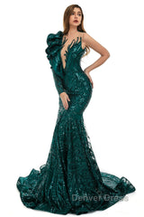 Orange Mermaid One Sleeve Prom Dresses Sequined Lace Jewel Ruffles Evening Party Dresses with Appliques