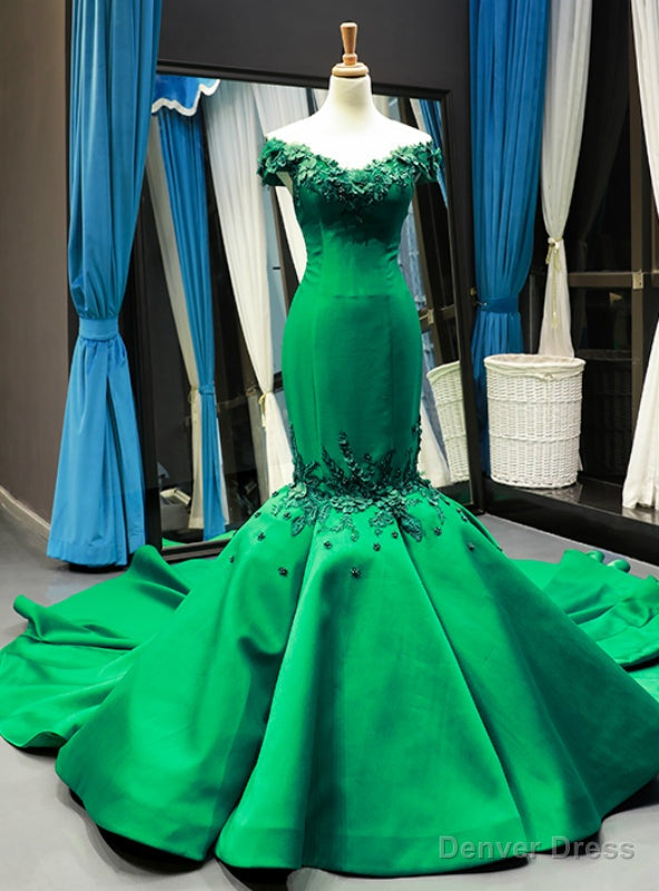 Green Mermaid Satin Off the Shoulder Appliques Prom Dress With Train Main image