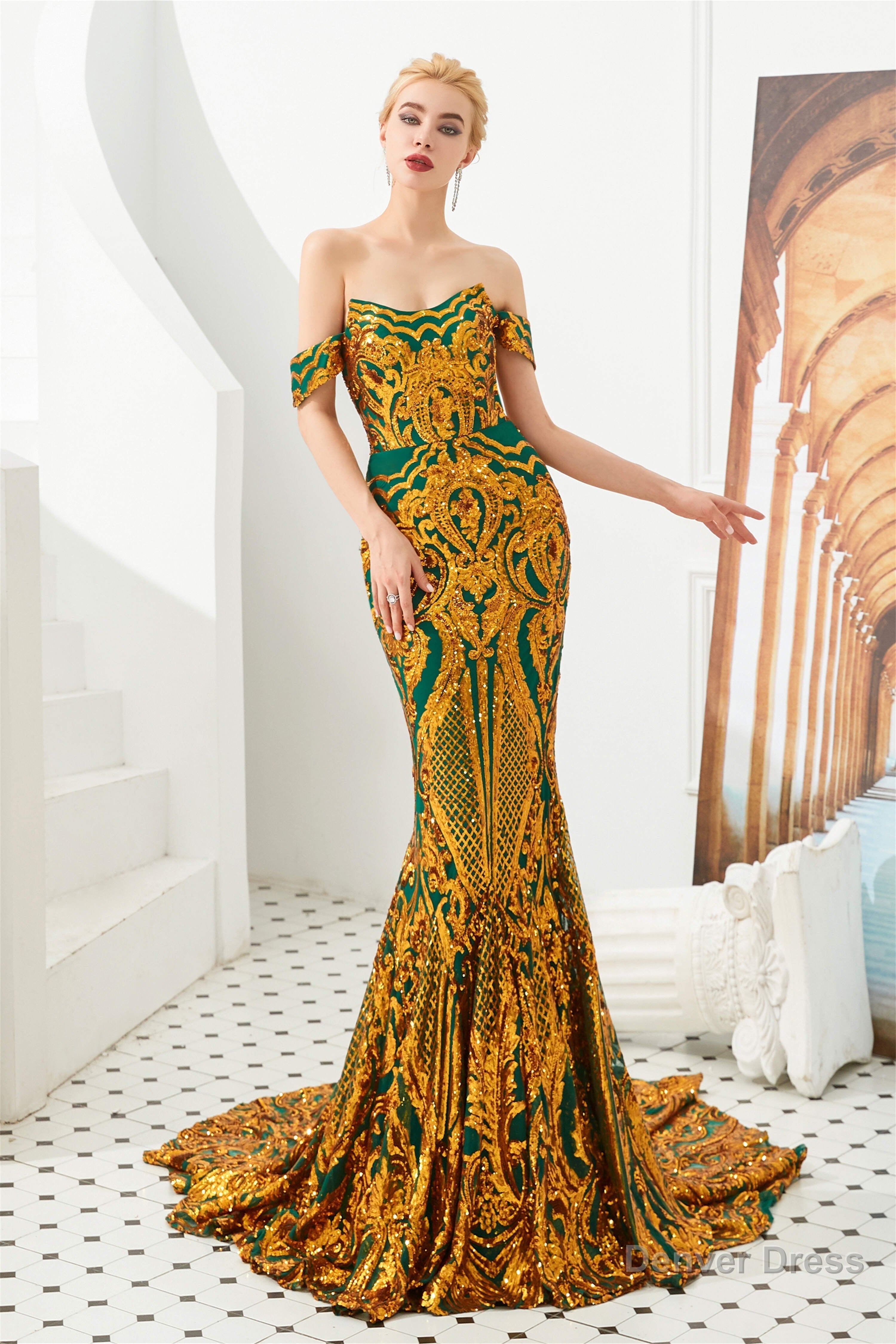 Mermaid Sequined Sheath Off Shoulde Prom Dresses with Fitted Bodice Main image