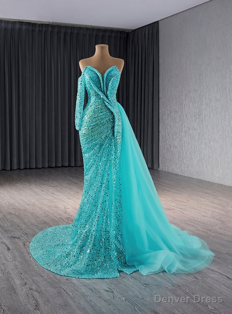 Green Mermaid Sequins Long Sleeve Strapless Prom Dress Main image