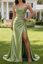 Green Mermaid Spaghetti Straps Pleated Corset Prom Dresses