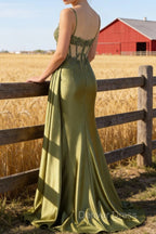 Green Mermaid Spaghetti Straps Pleated Long Corset Satin Prom Dresses With Slit
