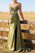 Green Mermaid Spaghetti Straps Pleated Long Corset Satin Prom Dresses With Slit