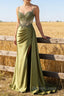 Green Mermaid Spaghetti Straps Pleated Long Corset Satin Prom Dresses With Slit