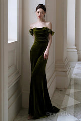 Green Mermaid Sweetheart Off Shoulder Formal Dress, Green Velvet Prom Dress