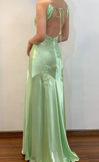 Green Mermaid V Neck Appliques Satin Open Back Long Prom Dresses Outfits