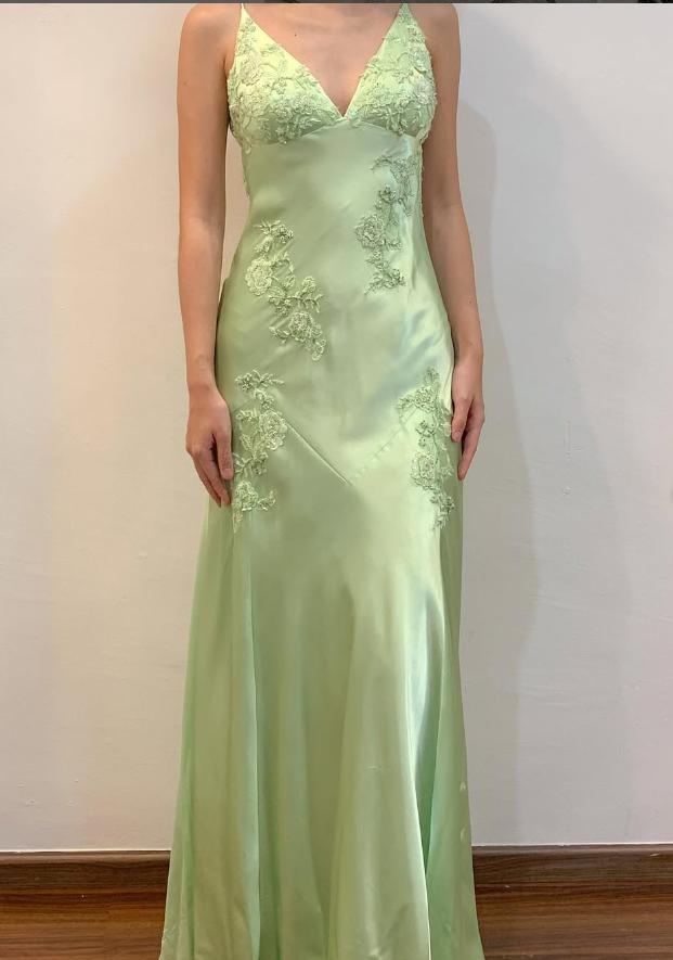 Green Mermaid V Neck Appliques Satin Open Back Long Prom Dresses Outfits Main image