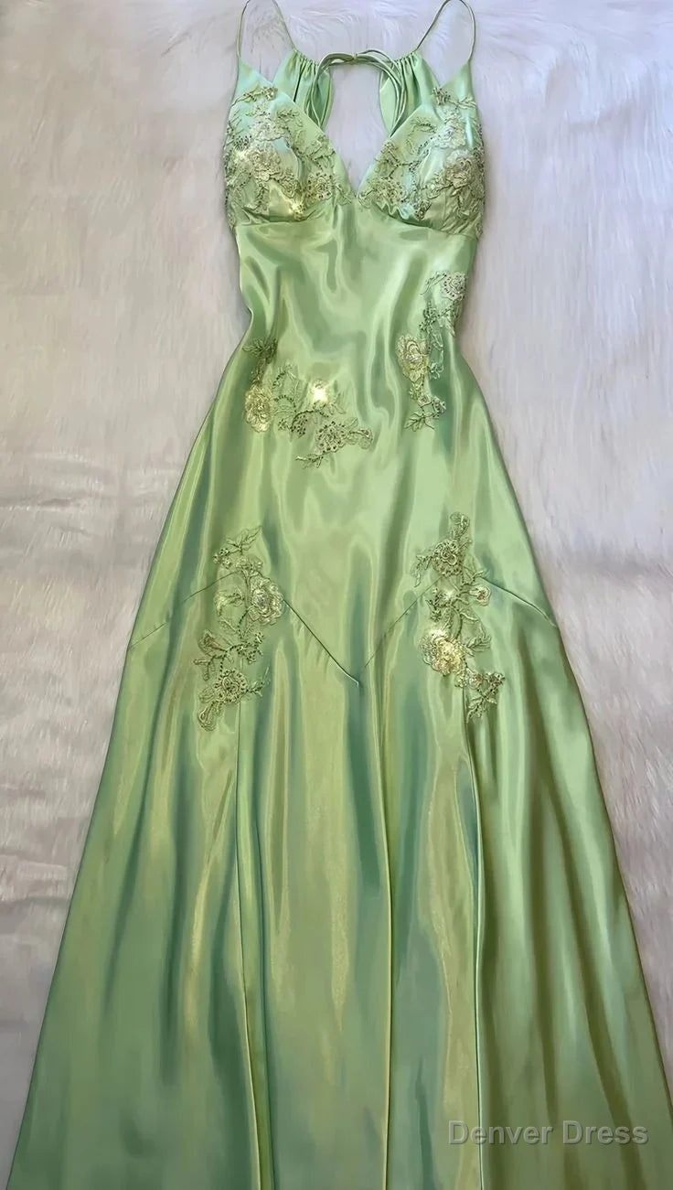 Green Mermaid V Neck Satin Backless Prom Dress With Beads