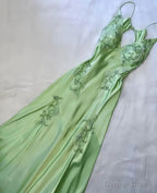 Green Mermaid V Neck Satin Backless Prom Dress With Beads