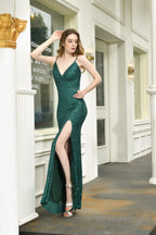 Mermaid V Neck Spaghetti Straps Sequins Split Floor Length Prom Dresses