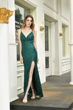 Mermaid V-Neck Spaghetti Straps Sequins Split Floor Length Prom Dresses