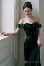 Green Mermaid Velvet Long Wedding Prom Dress, Green Velvet Sweetheart Prom Dresses