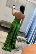 Green Metallic Strapless Pleated A-Line Long Prom Dresses