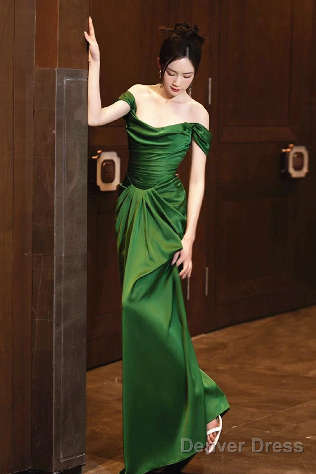 Green Off Shoulder Beautiful Soft Satin Evening Dress, Green Long Prom Dress Secondary image
