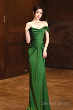 Green Off Shoulder Beautiful Soft Satin Evening Dress, Green Long Prom Dress