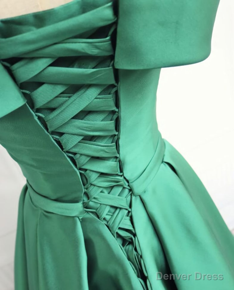 Green Off Shoulder Fashionable Long Prom Dress, Satin Long Prom Dresses