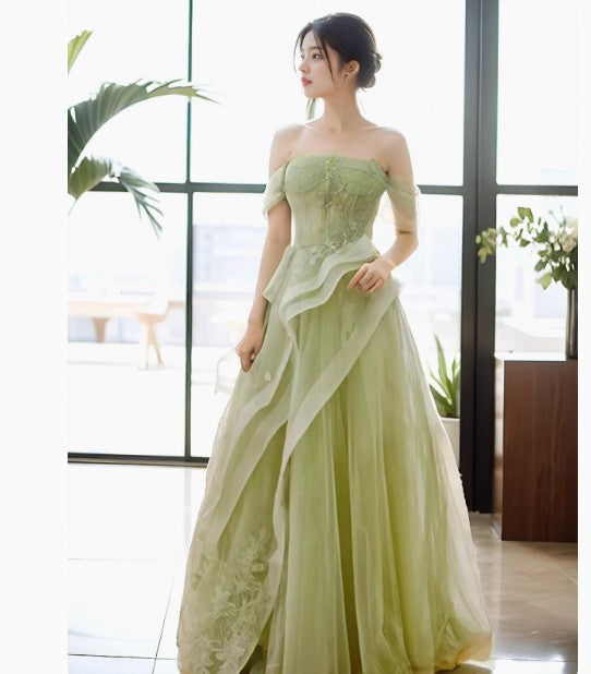 Green Off Shoulder Lace Long Prom Dress, Green Prom Dresses