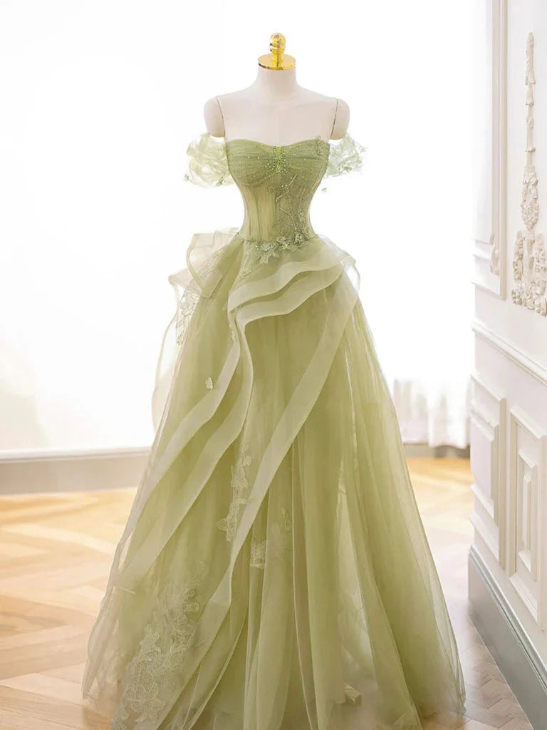 Green Off Shoulder Lace Long Prom Dress, Green Prom Dresses Secondary image