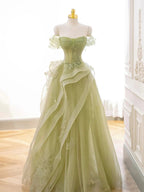 Green Off Shoulder Lace Long Prom Dress, Green Prom Dresses