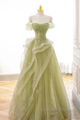 Green Off Shoulder Lace Long Prom Dresses, Green Formal Dresses