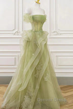 Green Off Shoulder Lace Long Prom Dresses, Green Formal Dresses
