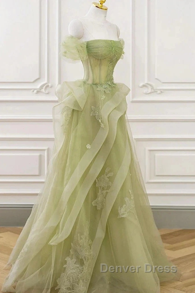 Green Off Shoulder Lace Long Prom Dresses, Green Formal Dresses