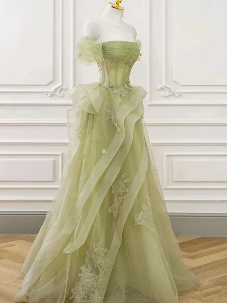 Green Off Shoulder Lace Long Prom Dress, Green Prom Dresses