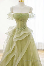 Green Off Shoulder Lace Long Prom Dresses, Green Formal Dresses